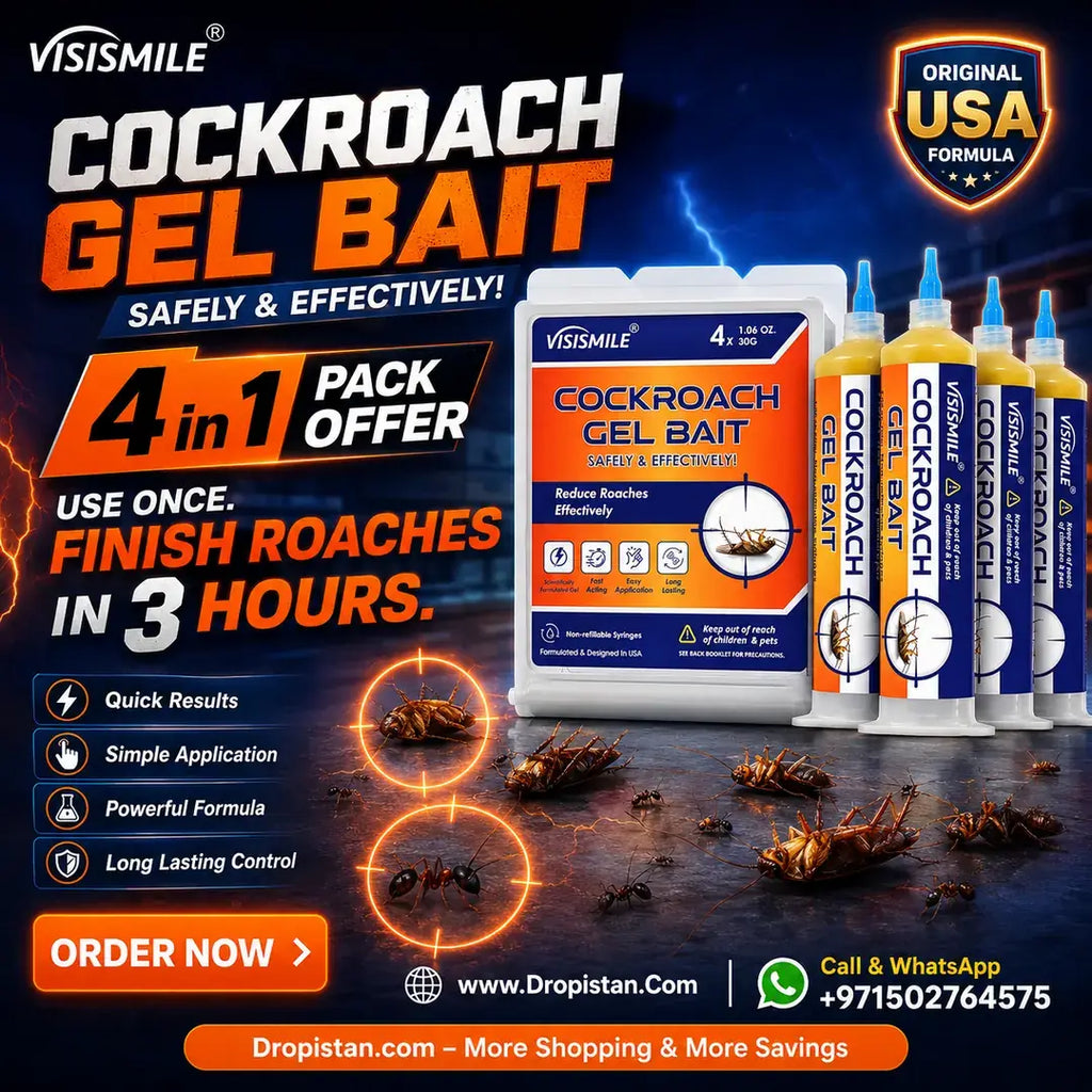 Visismile cockroach gel bait packaging with promotional text on a dark background
Fast Acting Cockroach Killer Gel Bait Home Kitchen
