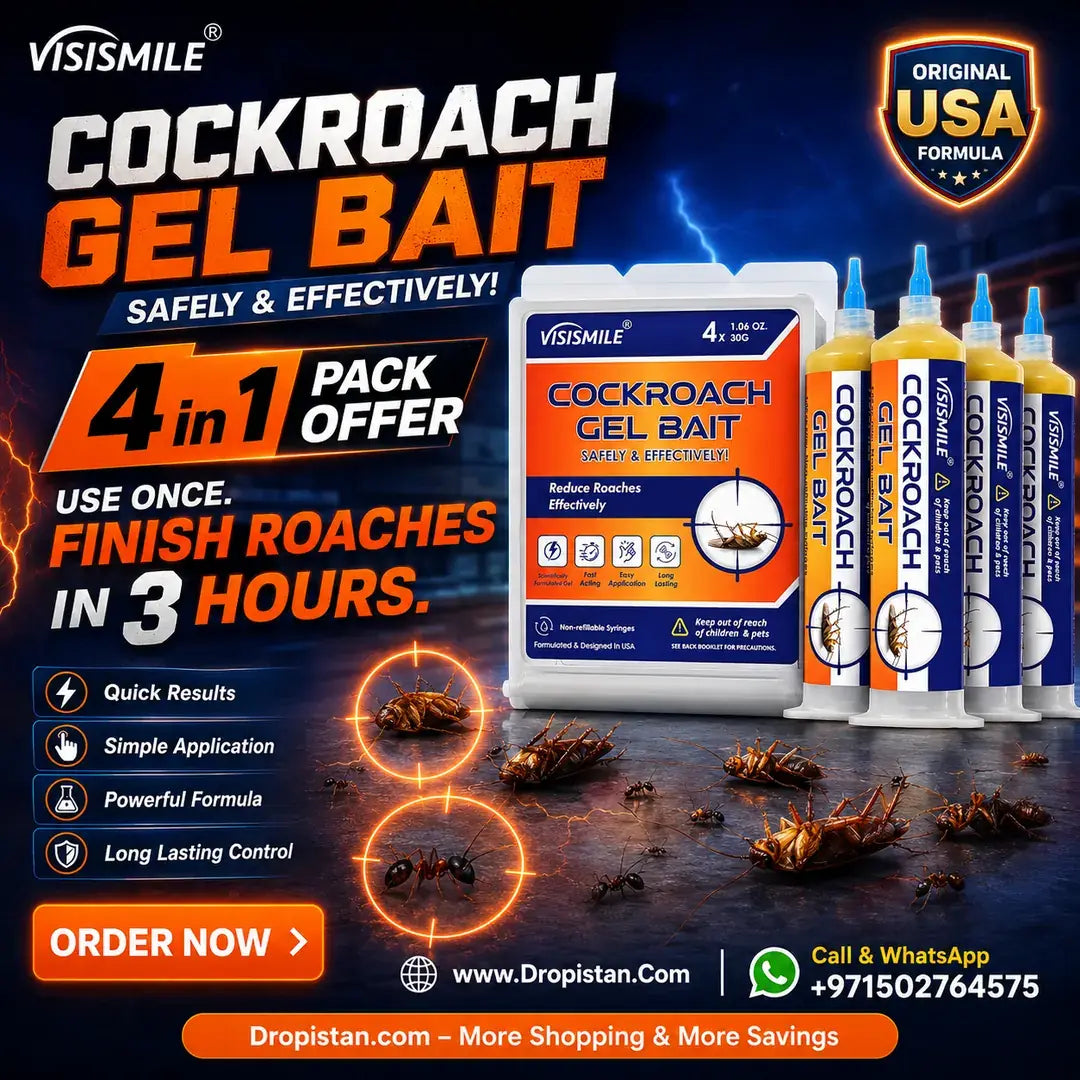 Visismile cockroach gel bait packaging with promotional text on a dark background
Fast Acting Cockroach Killer Gel Bait Home Kitchen
