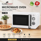 Classy Touch CT-1968 microwave oven in white with a black door window and silver handles, shown on a wooden table with food and decorative items, featuring promotional text and feature icons.
