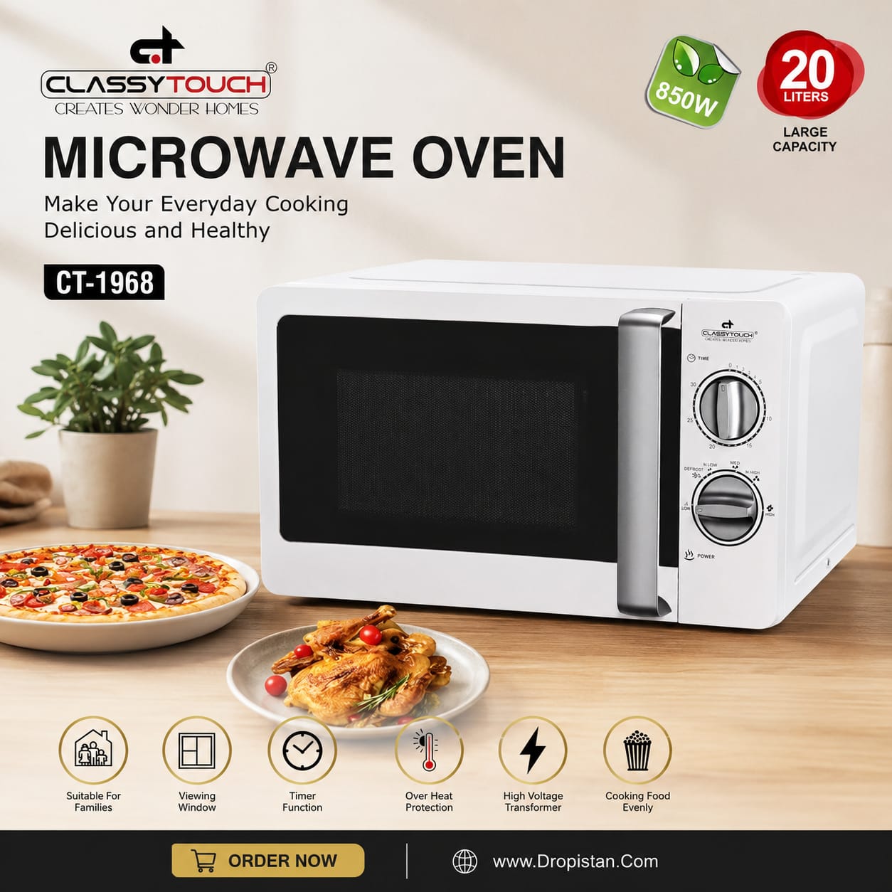 Classy Touch CT-1968 microwave oven in white with a black door window and silver handles, shown on a wooden table with food and decorative items, featuring promotional text and feature icons.