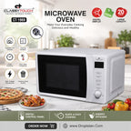 A white Classy Touch microwave oven with a digital display and rotary control, shown on a kitchen countertop with food and promotional text overlays.