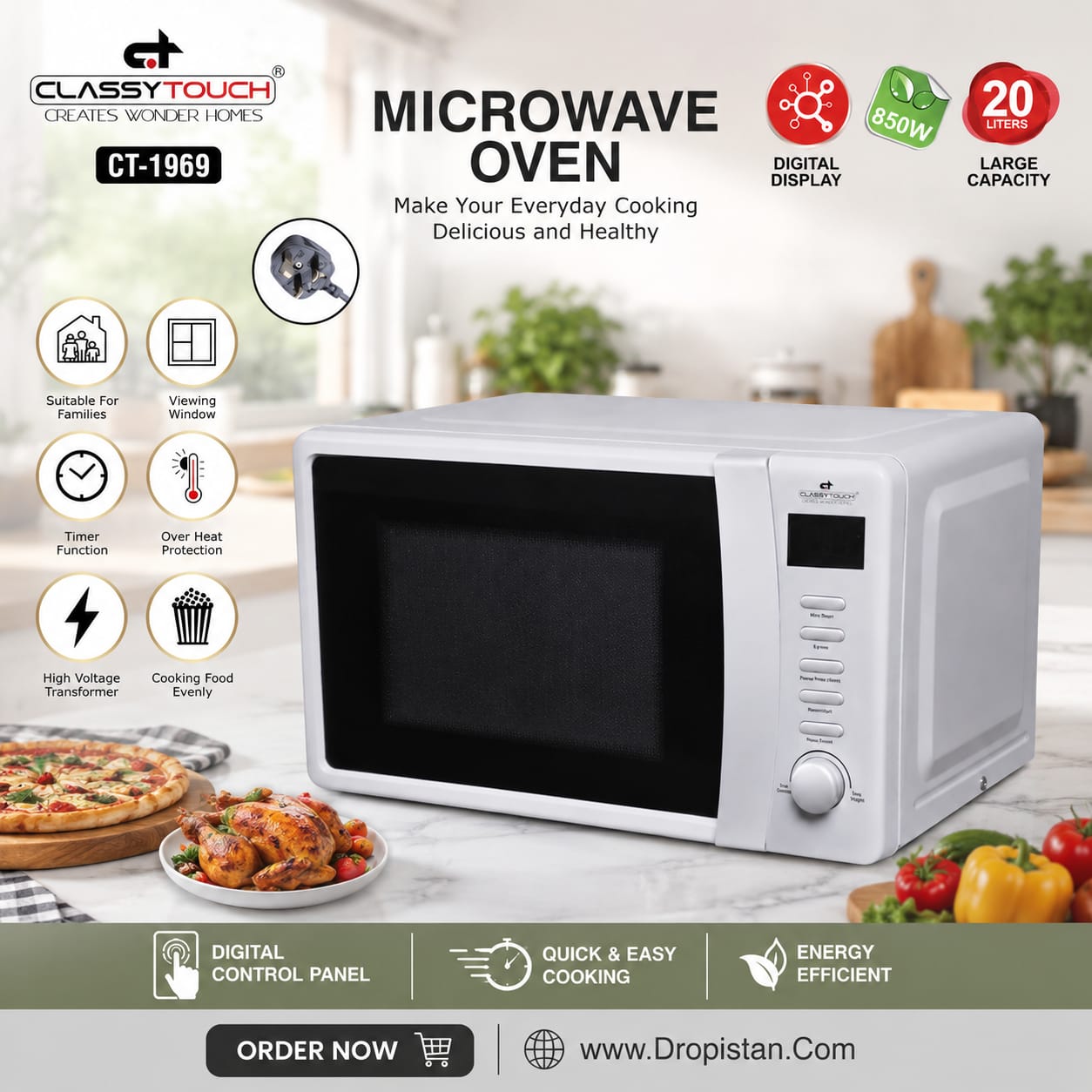 A white Classy Touch microwave oven with a digital display and rotary control, shown on a kitchen countertop with food and promotional text overlays.