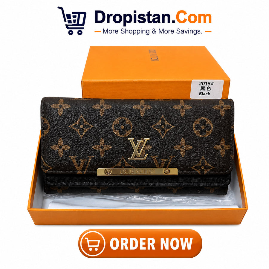 Premium Monogram Women’s Long Wallet – Black & Brown
