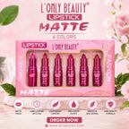 L'Only Beauty Matte Lipstick set in a pink box containing six lipsticks in different shades, displayed on a pink background with decorative leaves and flowers.
