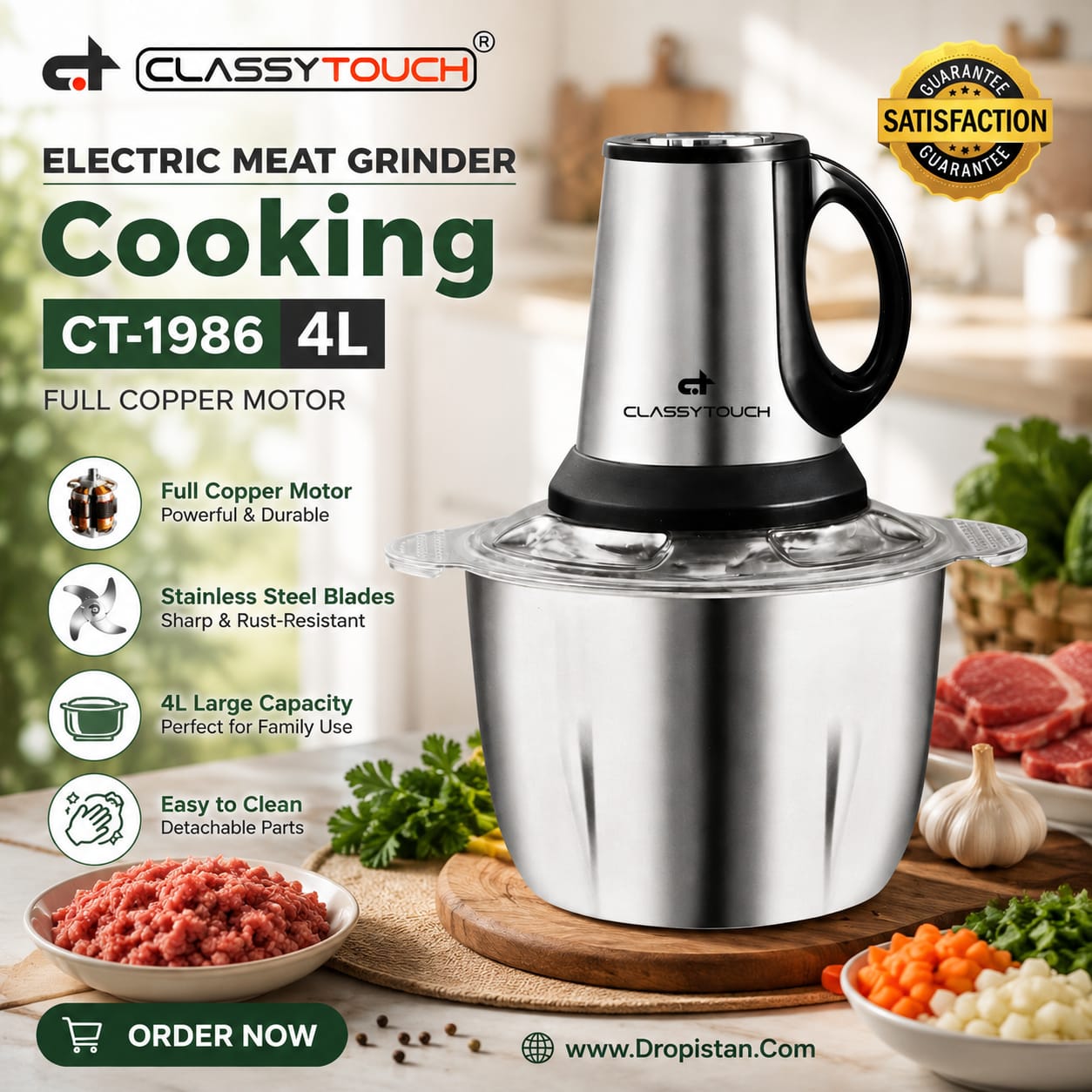Classy Touch CT-1986 4L Electric Meat Grinder in stainless steel with a black handle, shown in a kitchen setting with raw meat, garlic, and vegetables. The image includes product specifications and feature icons on the left, and a 'Guaranteed Satisfaction' badge on the top right.