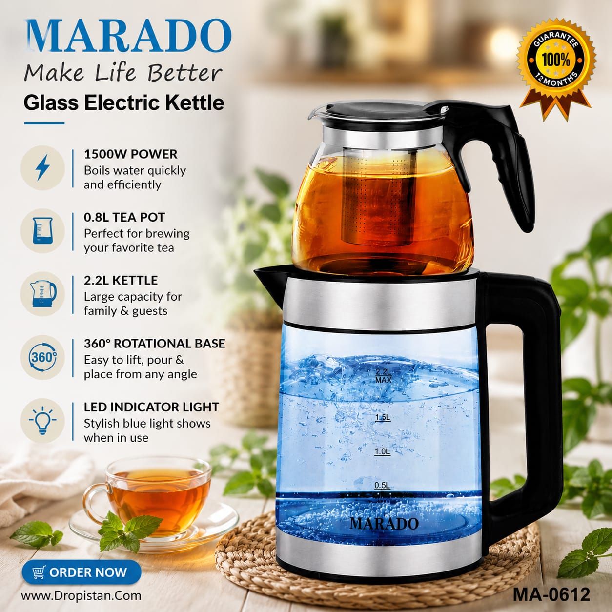 A Marado glass electric kettle with a black handle and lid, shown with a clear glass teapot resting inside the kettle. The image includes product features text on the left, a 100% guarantee badge on the top right, and a cup of tea on a saucer on a woven mat below the kettle.