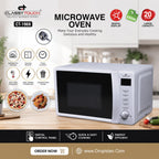 Classy Touch CT-1969 Microwave Oven in white and black, shown on a kitchen countertop with food items and promotional text overlays highlighting its digital display, large capacity, and cooking features.