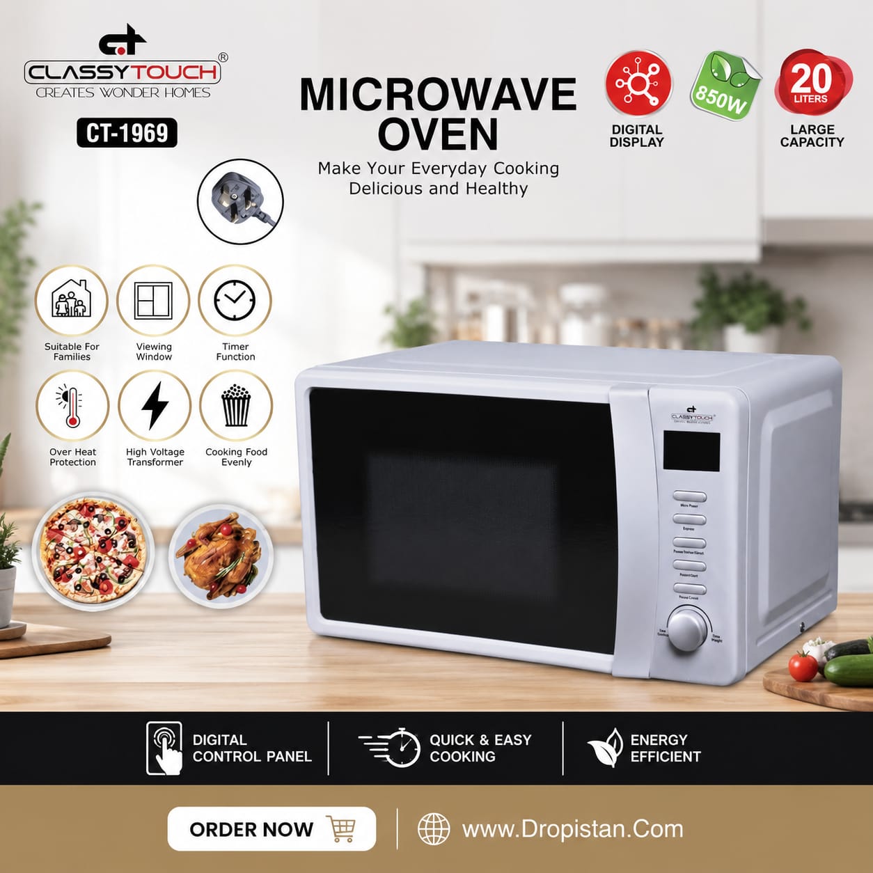 Classy Touch CT-1969 Microwave Oven in white and black, shown on a kitchen countertop with food items and promotional text overlays highlighting its digital display, large capacity, and cooking features.