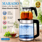 Marado glass electric kettle with a built-in tea infuser, shown on a wooden table with a cup of tea and mint leaves. The image includes product features, specifications, and a '100% Guaranteed' badge.