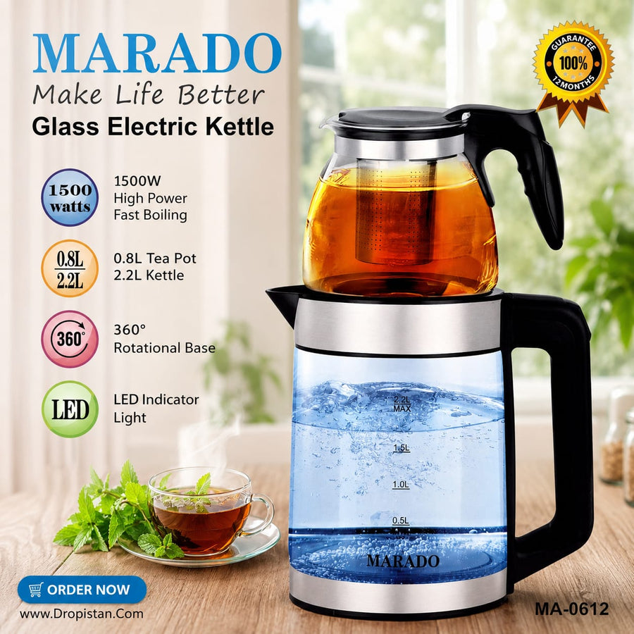 2-in-1 Glass Electric Kettle | 2.2L Capacity | 0.8L Tea Pot | 1500W Fast Boil