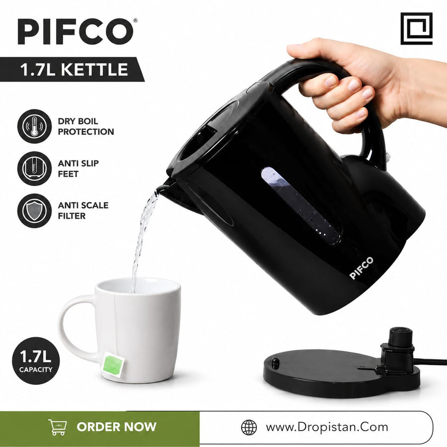 PIFCO 1.7L Electric Kettle | Dry Boil Protection | Anti-Scale Filter | Black