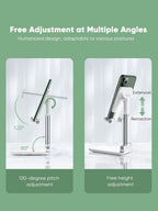 Table Cell Phone Stand, Fully Forldable Desk Mobile Phone Holder Stand, Angle Height Adjustable Desktop Tablet Holder for iPhone15 14 13 12 11 Pro XS Max XR 8 7 6S Plus, S20+Note10, Tablets, White
