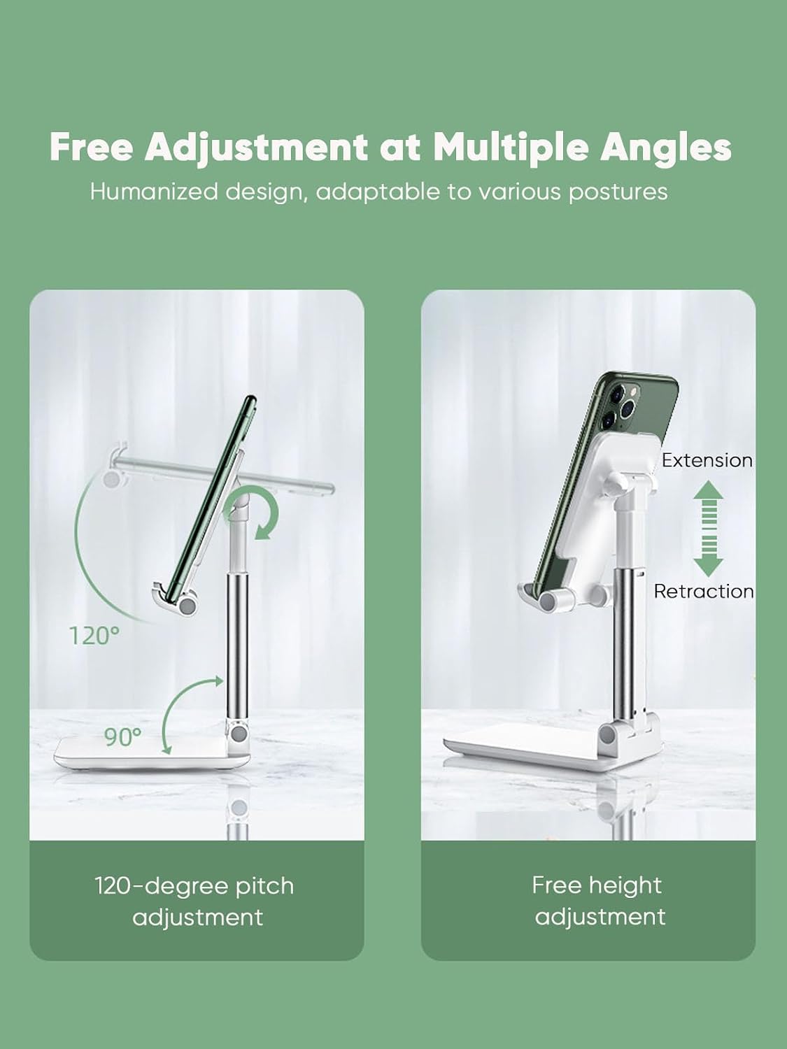 Table Cell Phone Stand, Fully Forldable Desk Mobile Phone Holder Stand, Angle Height Adjustable Desktop Tablet Holder for iPhone15 14 13 12 11 Pro XS Max XR 8 7 6S Plus, S20+Note10, Tablets, White