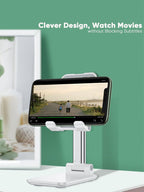 Table Cell Phone Stand, Fully Forldable Desk Mobile Phone Holder Stand, Angle Height Adjustable Desktop Tablet Holder for iPhone15 14 13 12 11 Pro XS Max XR 8 7 6S Plus, S20+Note10, Tablets, White