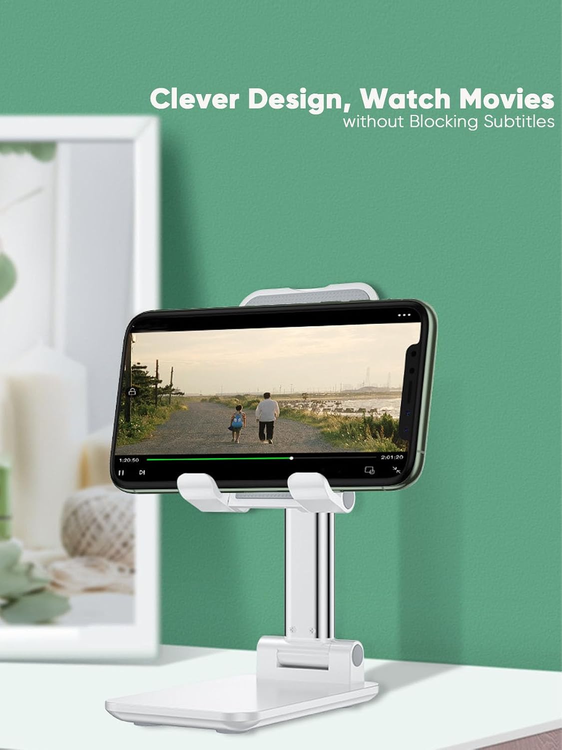 Table Cell Phone Stand, Fully Forldable Desk Mobile Phone Holder Stand, Angle Height Adjustable Desktop Tablet Holder for iPhone15 14 13 12 11 Pro XS Max XR 8 7 6S Plus, S20+Note10, Tablets, White