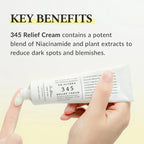 Hand holding a tube of Dr. Althea 345 Relief Cream with text about its key benefits.