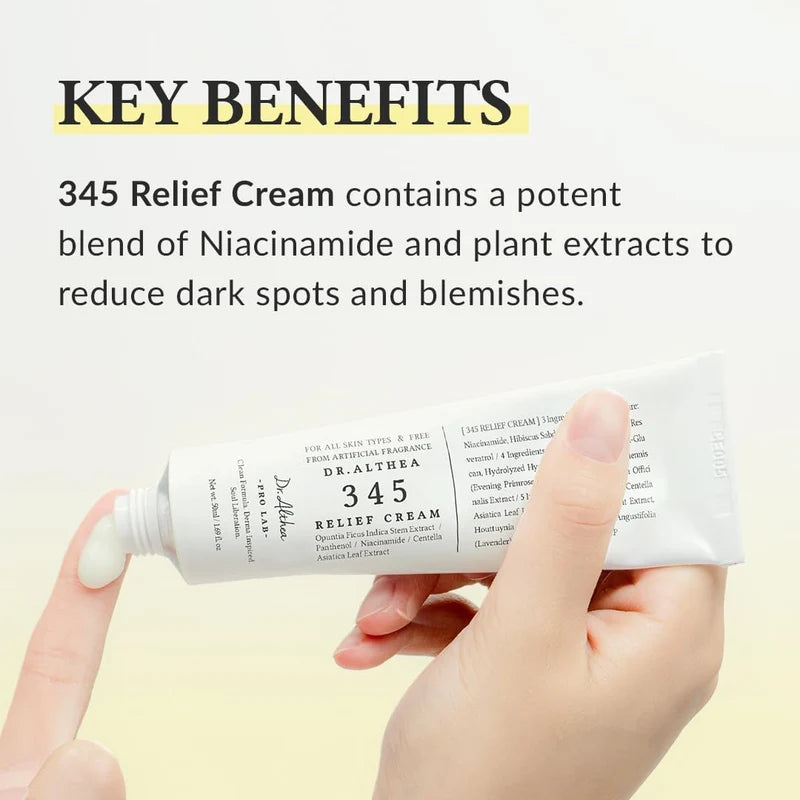 Hand holding a tube of Dr. Althea 345 Relief Cream with text about its key benefits.