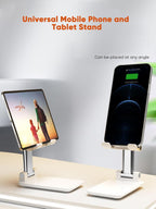 Table Cell Phone Stand, Fully Forldable Desk Mobile Phone Holder Stand, Angle Height Adjustable Desktop Tablet Holder for iPhone15 14 13 12 11 Pro XS Max XR 8 7 6S Plus, S20+Note10, Tablets, White