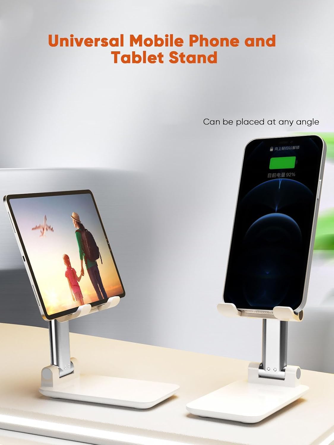 Table Cell Phone Stand, Fully Forldable Desk Mobile Phone Holder Stand, Angle Height Adjustable Desktop Tablet Holder for iPhone15 14 13 12 11 Pro XS Max XR 8 7 6S Plus, S20+Note10, Tablets, White