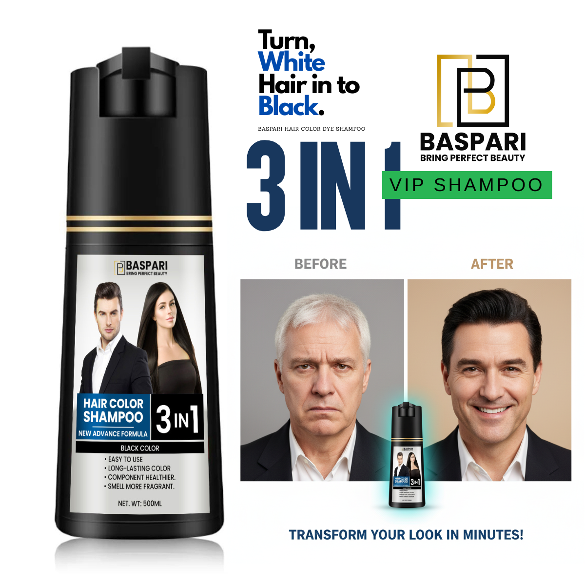 Baspari 3-in-1 Hair Color Dye Shampoo | For Men & Women (500ml)