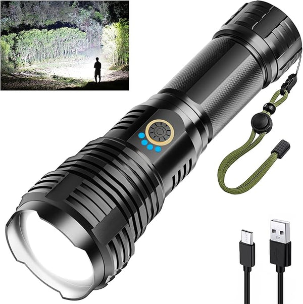 echargeable Flashlights 900000 High Lumens, High Power Led Flashlight, XHP70.2 Powerful Tactical Flashlight with Zoomable, 5 Modes, IPX7 Waterproof, Flashlight for Camping, Hiking, Emergencies