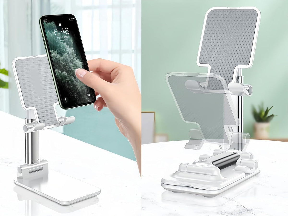 Table Cell Phone Stand, Fully Forldable Desk Mobile Phone Holder Stand, Angle Height Adjustable Desktop Tablet Holder for iPhone15 14 13 12 11 Pro XS Max XR 8 7 6S Plus, S20+Note10, Tablets, White