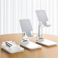 Table Cell Phone Stand, Fully Forldable Desk Mobile Phone Holder Stand, Angle Height Adjustable Desktop Tablet Holder for iPhone15 14 13 12 11 Pro XS Max XR 8 7 6S Plus, S20+Note10, Tablets, White