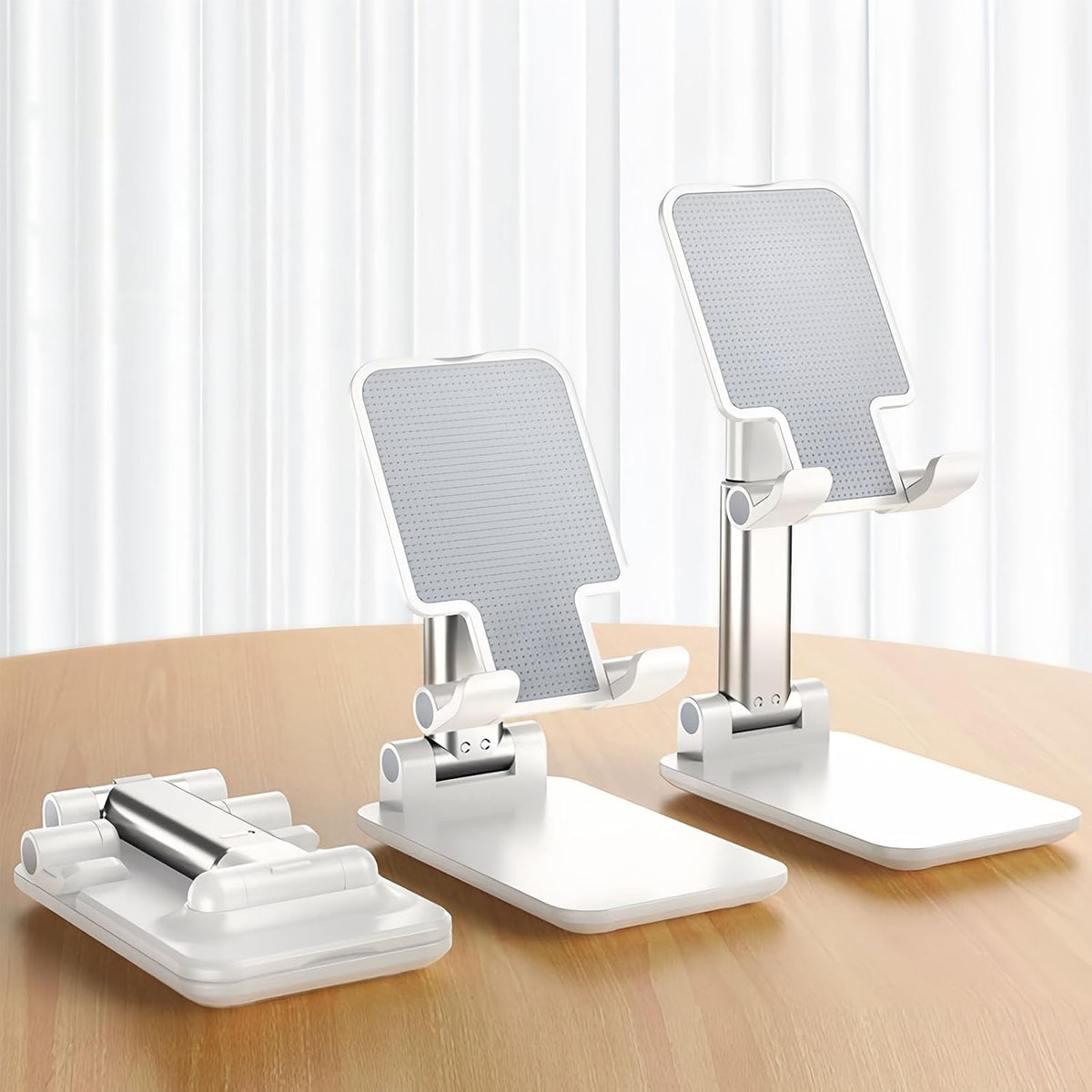 Table Cell Phone Stand, Fully Forldable Desk Mobile Phone Holder Stand, Angle Height Adjustable Desktop Tablet Holder for iPhone15 14 13 12 11 Pro XS Max XR 8 7 6S Plus, S20+Note10, Tablets, White