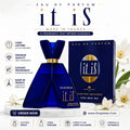 A bottle and box of it's Eau de Parfum by Maison Rose, featuring a deep cobalt blue bottle and packaging with gold accents, set against a white background decorated with white flowers and surrounded by product feature icons.