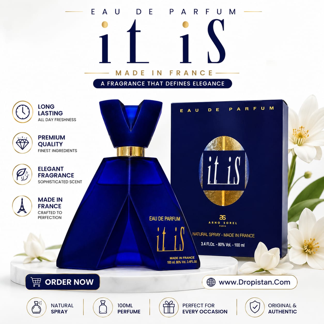 A bottle and box of it's Eau de Parfum by Maison Rose, featuring a deep cobalt blue bottle and packaging with gold accents, set against a white background decorated with white flowers and surrounded by product feature icons.