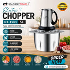 Classy Touch CT-1961 5L Electric Chopper blender shown with a stainless steel bowl and motor on a kitchen counter, surrounded by food ingredients and feature callout graphics.