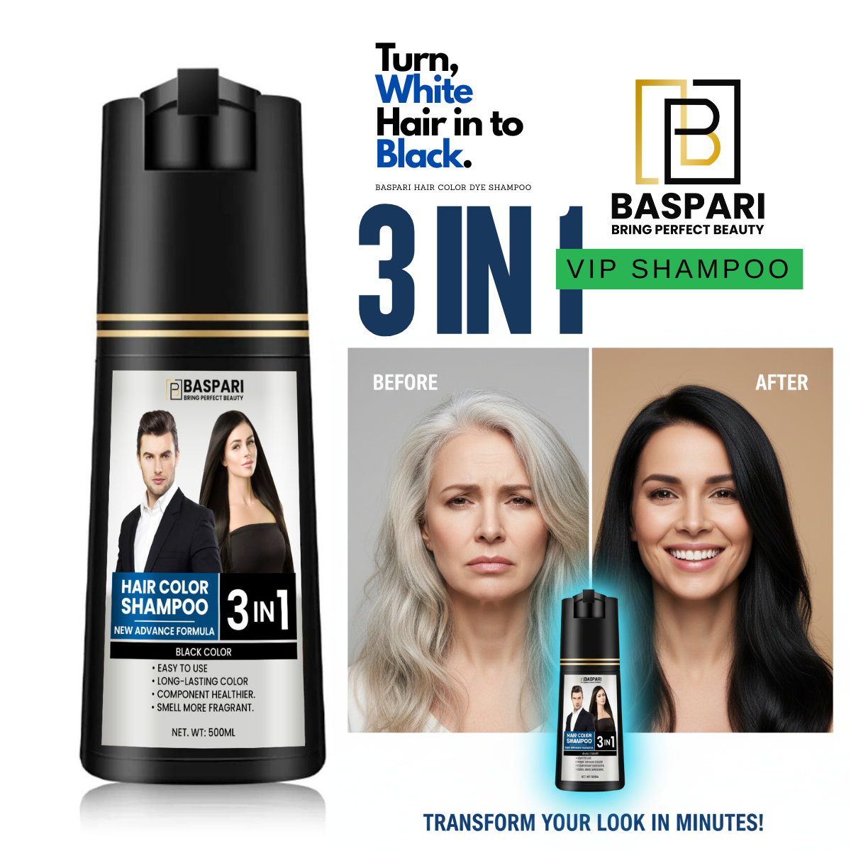 Baspari 3-in-1 Hair Color Dye Shampoo | For Men & Women (500ml)