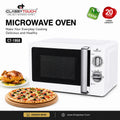 Classy Touch CT-1968 white microwave oven with a black door window and silver control knobs, shown on a white background with promotional text, capacity badges, and food imagery of a roasted chicken and pizza.