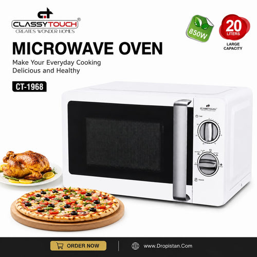 Classy Touch CT-1968 white microwave oven with a black door window and silver control knobs, shown on a white background with promotional text, capacity badges, and food imagery of a roasted chicken and pizza.