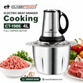 ClassyTouch CT-1986 4L electric meat grinder with a stainless steel bowl and motor base, shown with raw meat, herbs, and vegetables on a white background with promotional text.