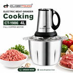 ClassyTouch CT-1986 4L electric meat grinder with a stainless steel bowl and motor base, shown with raw meat, herbs, and vegetables on a white background with promotional text.