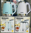 Two electric kettles, one blue and one white, with their packaging displaying the Marado brand.