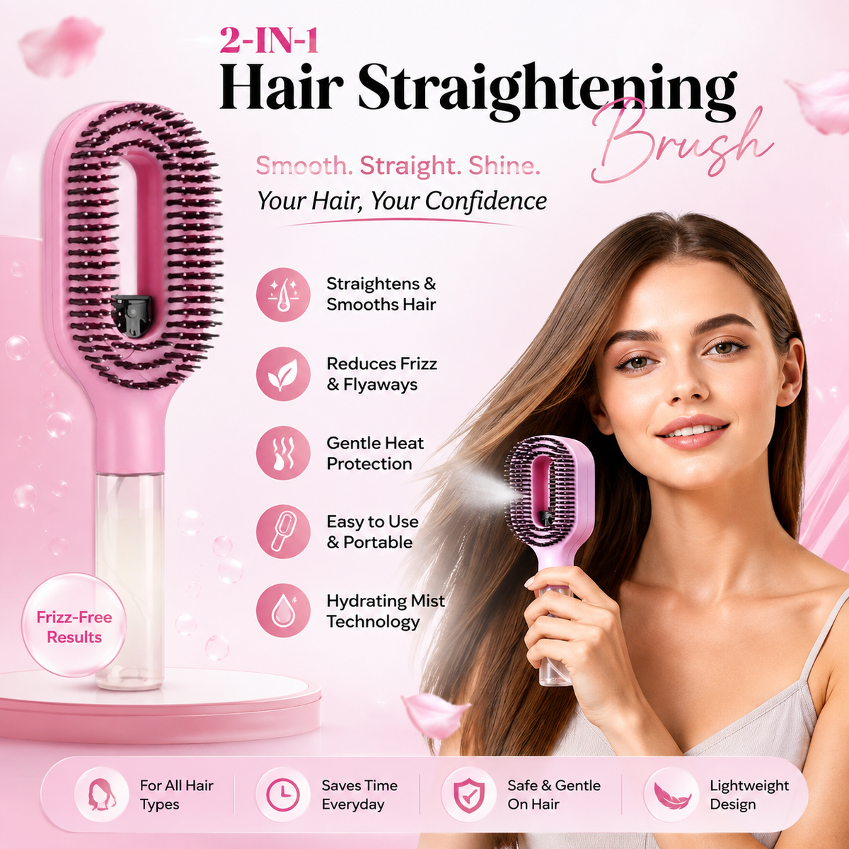Pink 2-in-1 hair straightening brush shown on a pink promotional background, with a woman holding the brush and text highlighting benefits such as straightening, reducing frizz, gentle heat protection, and hydrating mist technology.