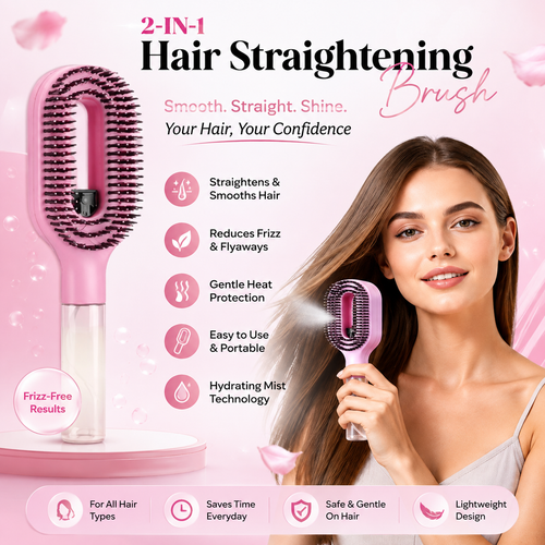 Pink 2-in-1 hair straightening brush shown on a pink promotional background, with a woman holding the brush and text highlighting benefits such as straightening, reducing frizz, gentle heat protection, and hydrating mist technology.