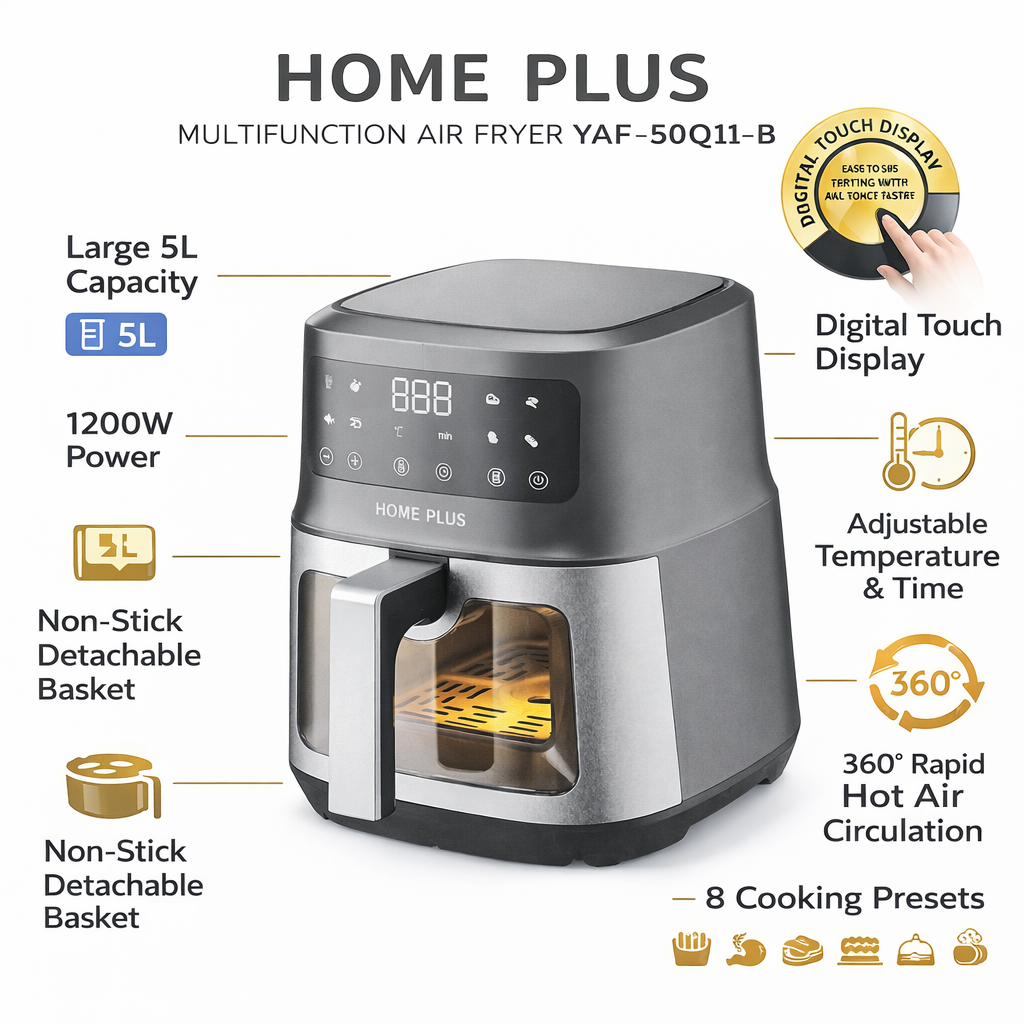 Home Plus 5L Digital Air Fryer – 1200W Oil-Free Healthy Cooking Machine