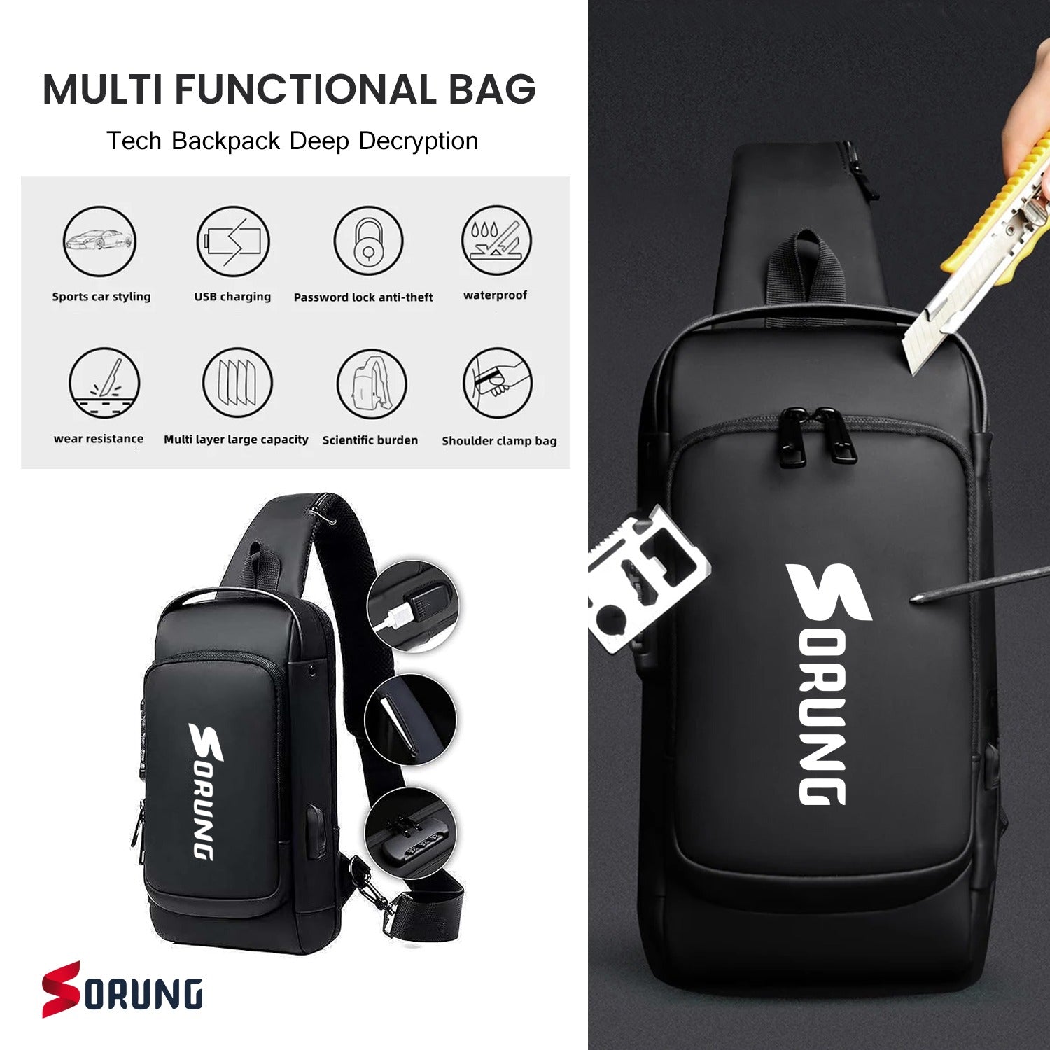 Anti-Theft Sling Bag with USB Charging Port | Waterproof Crossbody Tech Backpack for Men