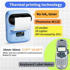 Promotional graphic for a blue thermal label printer, showing the printer, text callouts about ink-free printing and DPI improvement, a size note, and a secondary image of a gray keyboard label maker on a grid background.