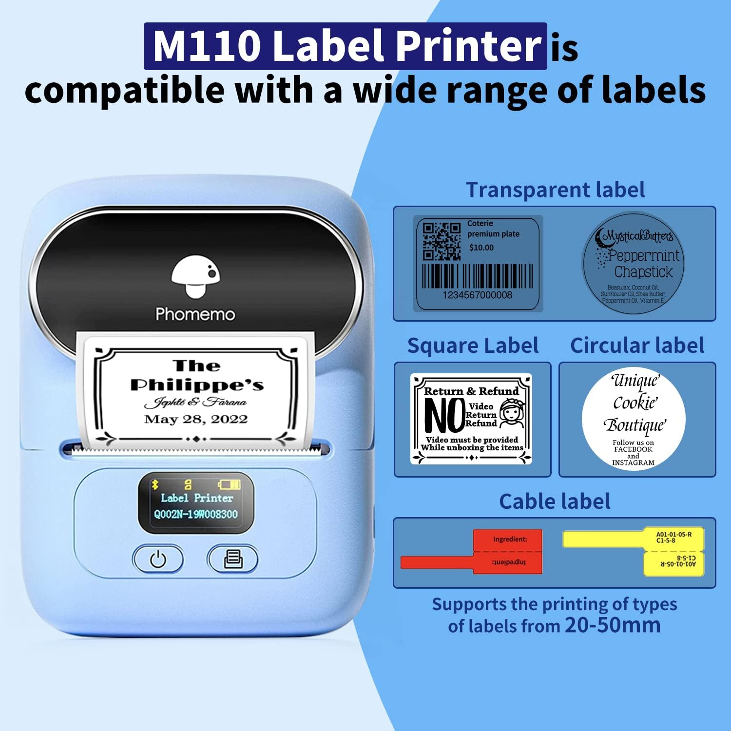 A light blue Phomemo M110 label printer shown on a blue graphic background, printing sample labels. Text around it says it is compatible with a wide range of labels, including transparent, square, circular, and cable labels.