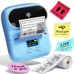 A light blue handheld label printer shown on a white background, printing a sample product label. Several example stickers are arranged around it, including red, yellow, pink, and blue thank-you and warning labels, demonstrating label use and design options.
