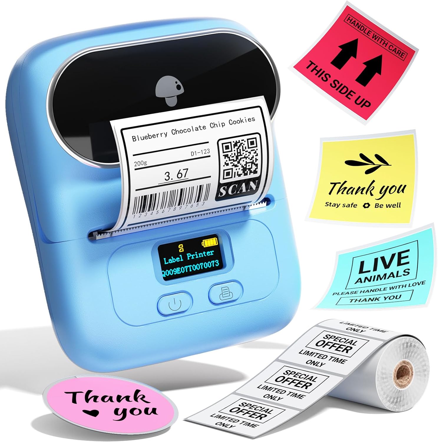 A light blue handheld label printer shown on a white background, printing a sample product label. Several example stickers are arranged around it, including red, yellow, pink, and blue thank-you and warning labels, demonstrating label use and design options.