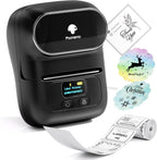 Black label printer with printed labels on a white background