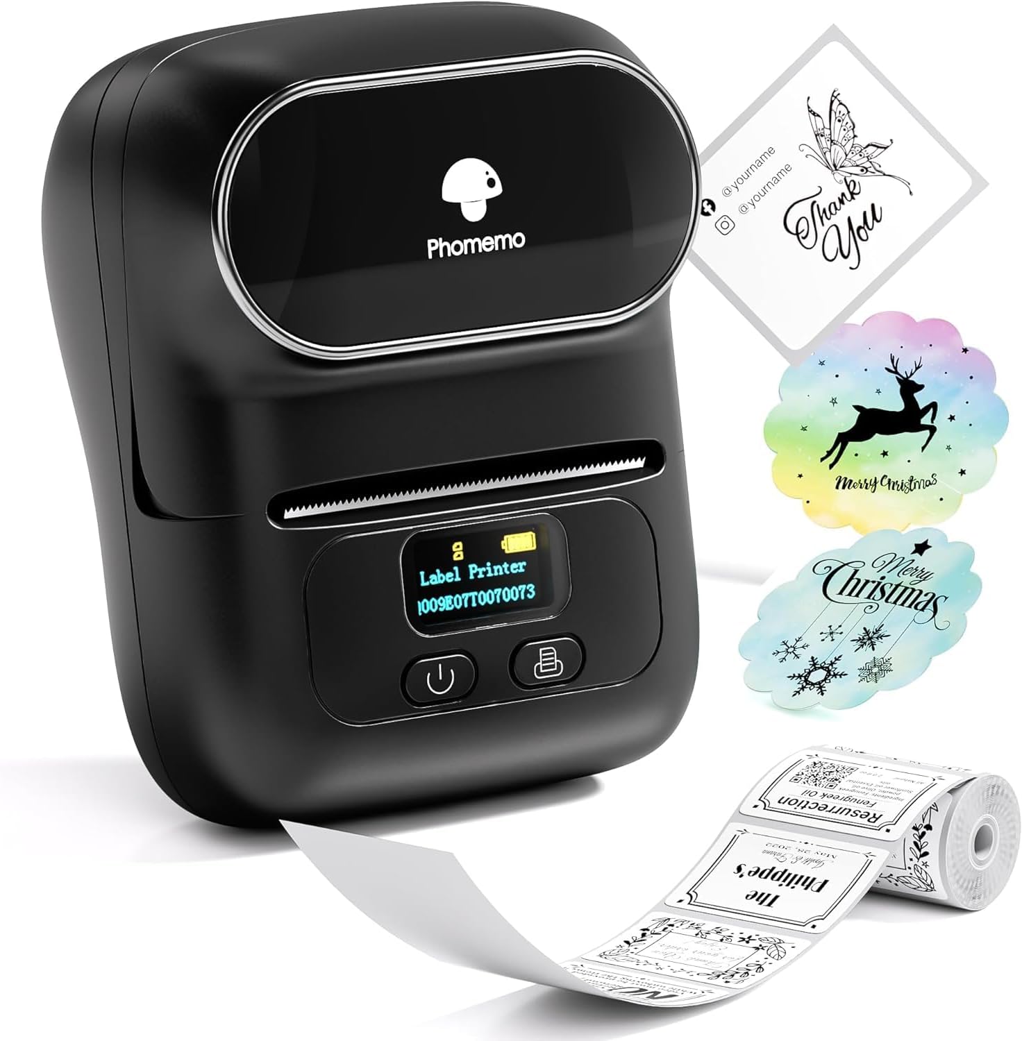 Black label printer with printed labels on a white background
