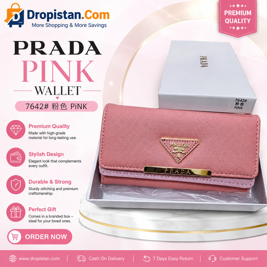 PRADA Pink Ladies Wallet – Premium Stylish Long Wallet with Gift Box