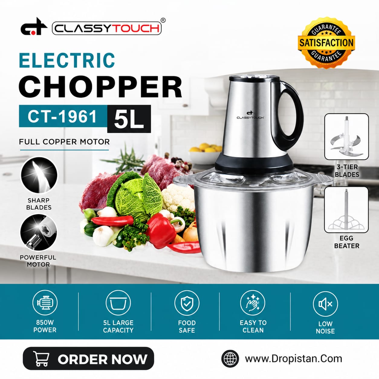 Classy Touch CT-1961 5L Electric Chopper blender with a stainless steel bowl, black handle, and copper motor housing, shown with vegetables and feature icons on a white kitchen background.