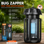 A black Bug Zapper mosquito trap lamp with glowing blue insect attraction lights, shown beside its retail box on a wooden surface with a blurred green outdoor background. The image includes marketing text and icons for weather proof, touch-free operation, 20W power, coverage radius, and safe chemical-free operation.